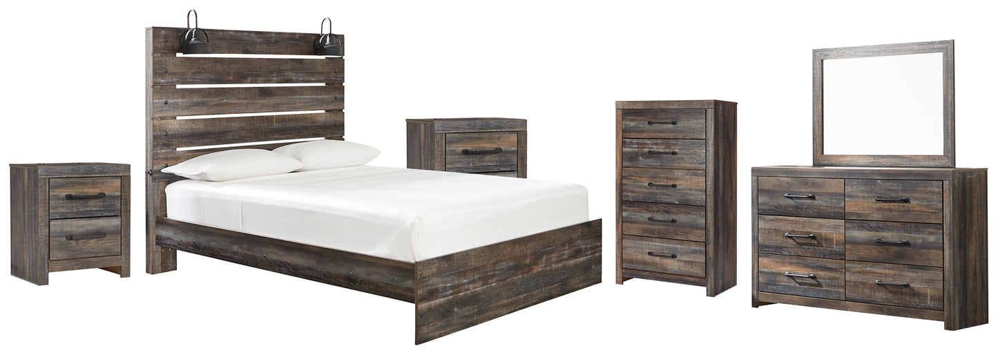 Drystan Panel Bed With Mirrored Dresser, Chest And 2 Nightstands