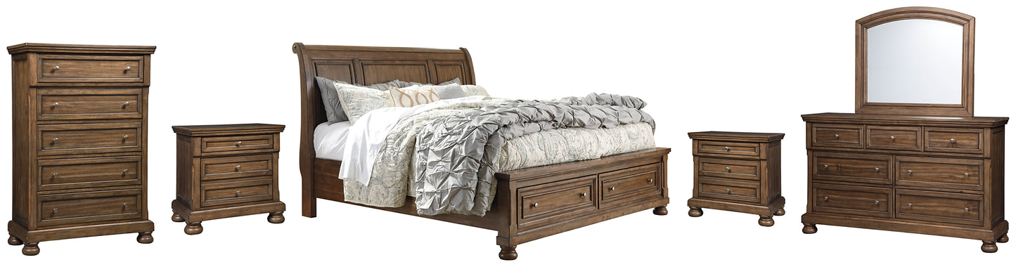 Flynnter Sleigh Bed With 2 Storage Drawers With Mirrored Dresser, Chest And 2 Nightstands