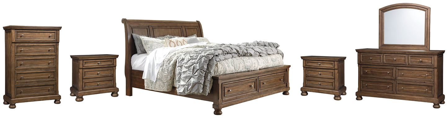 Flynnter Sleigh Bed With 2 Storage Drawers With Mirrored Dresser, Chest And 2 Nightstands