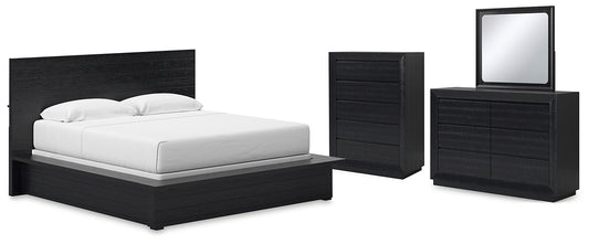 Londer California King Panel Bed with Mirrored Dresser and Chest