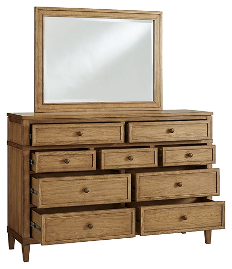 Sharlance Queen Upholstered Panel Bed with Mirrored Dresser and Nightstand