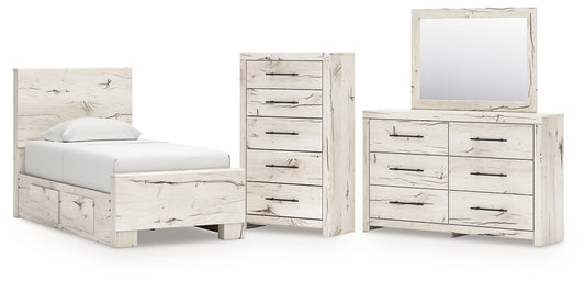 Lawroy Twin Panel Bed with Storage with Mirrored Dresser and Chest