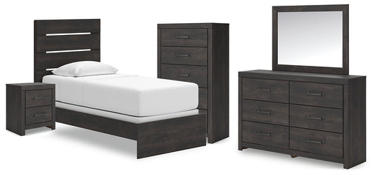 Hollivern Twin Panel Bed with Mirrored Dresser, Chest and Nightstand