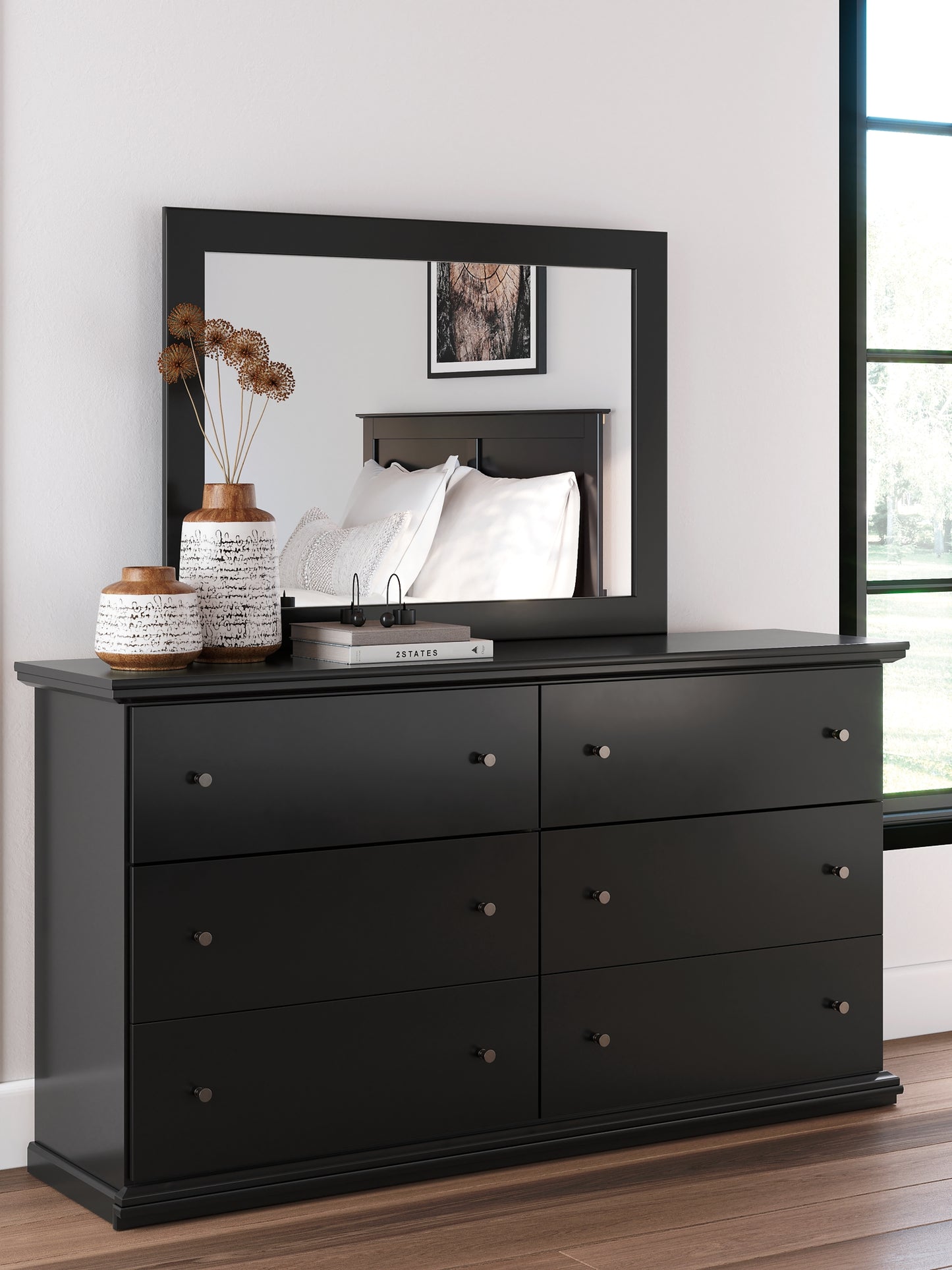 Queen Panel Bed with Mirrored Dresser