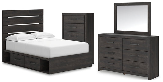 Hollivern Full Panel Bed with Storage with Mirrored Dresser and Chest