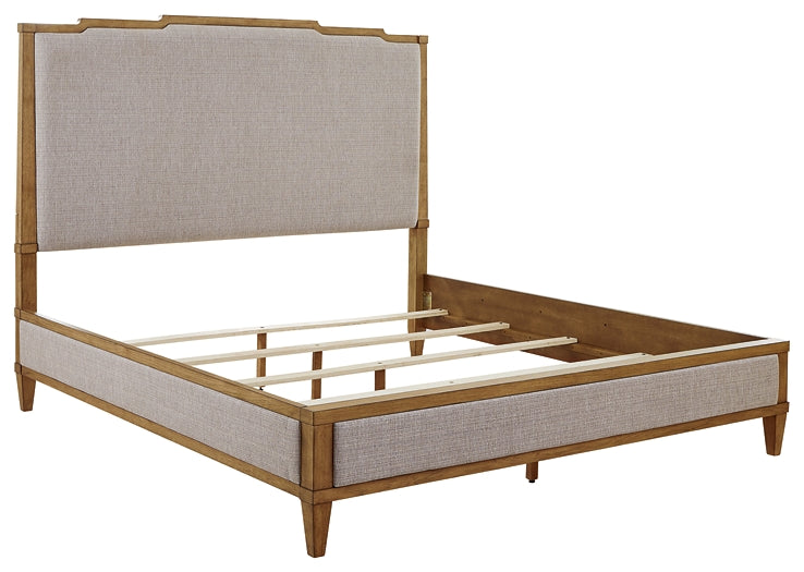 Sharlance King Upholstered Panel Bed with Mirrored Dresser and Chest