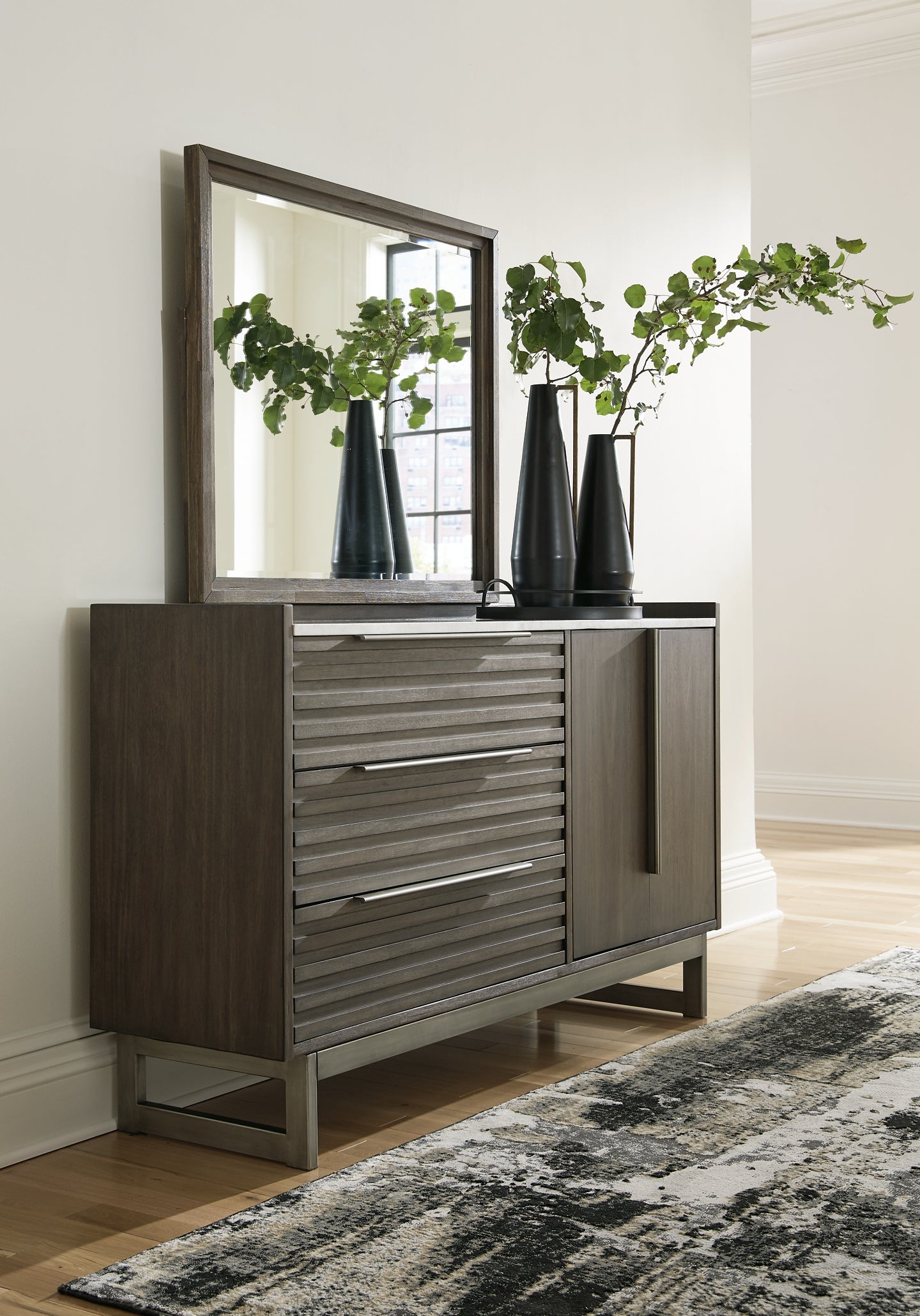 Arkenton California King Panel Bed with Mirrored Dresser and 2 Nightstands