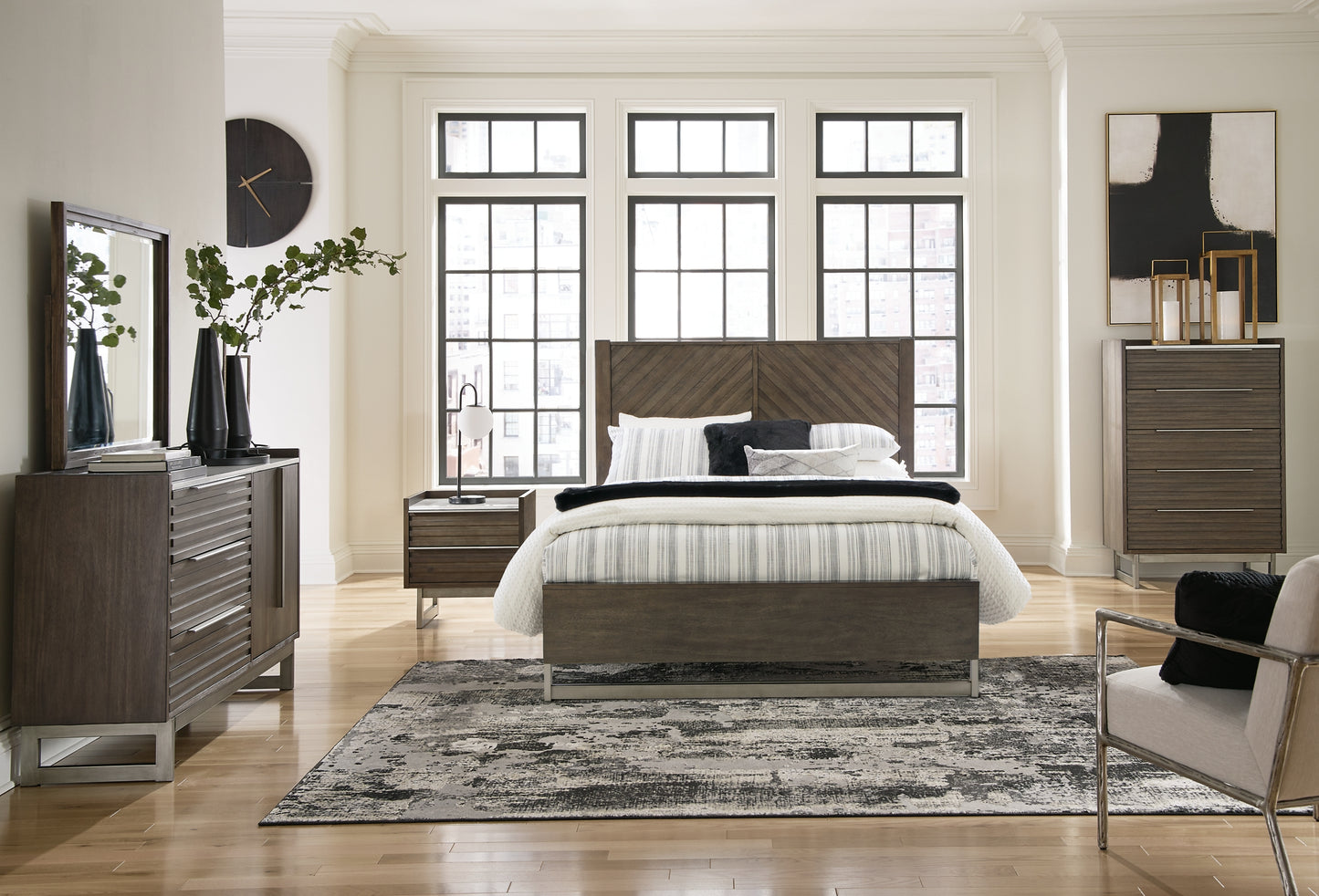 Arkenton Queen Panel Bed with Mirrored Dresser, Chest and Nightstand