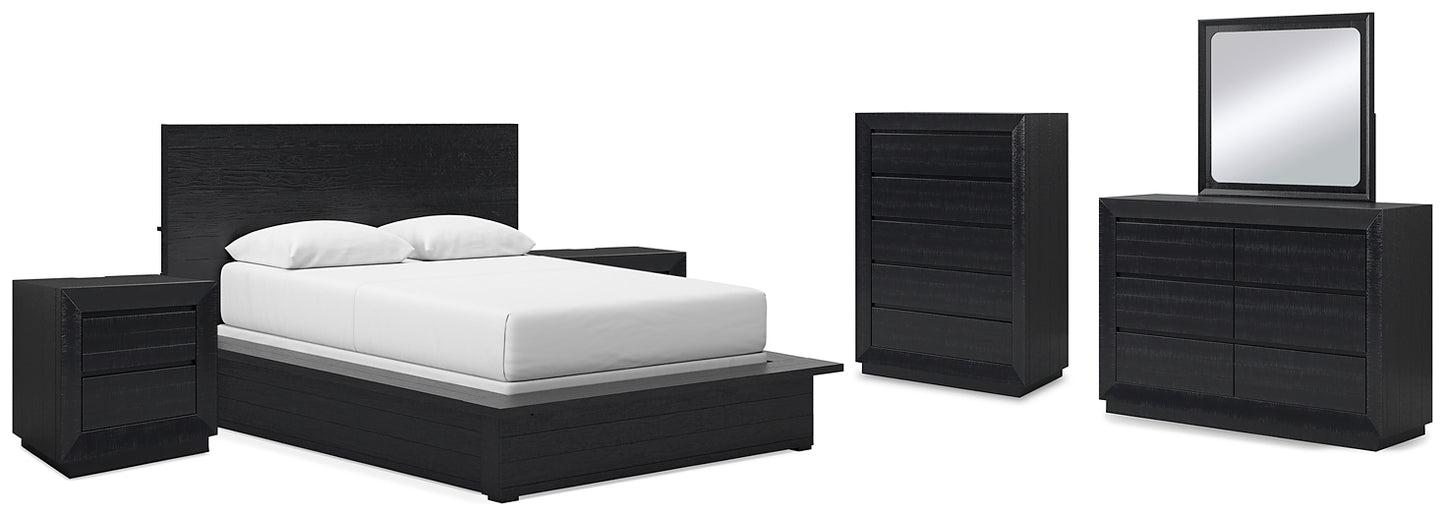 Londer Queen Panel Bed with Mirrored Dresser, Chest and 2 Nightstands