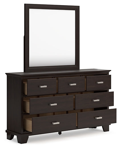 Covetown Queen Panel Bed with Mirrored Dresser and Chest