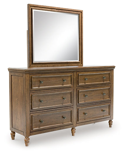 Sturlayne Queen Upholstered Panel Bed with Mirrored Dresser and Chest