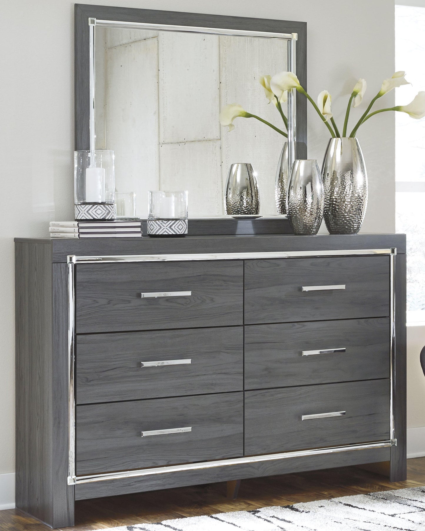Lodanna Queen Panel Bed with 2 Storage Drawers, Dresser, Mirror and Nightstand