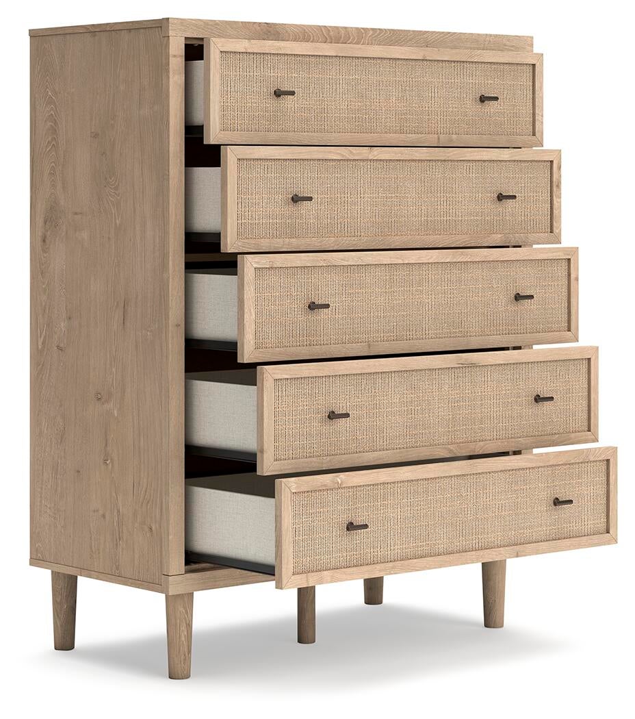 Cielden Full Upholstered Panel Bed with Mirrored Dresser, Chest and Nightstand