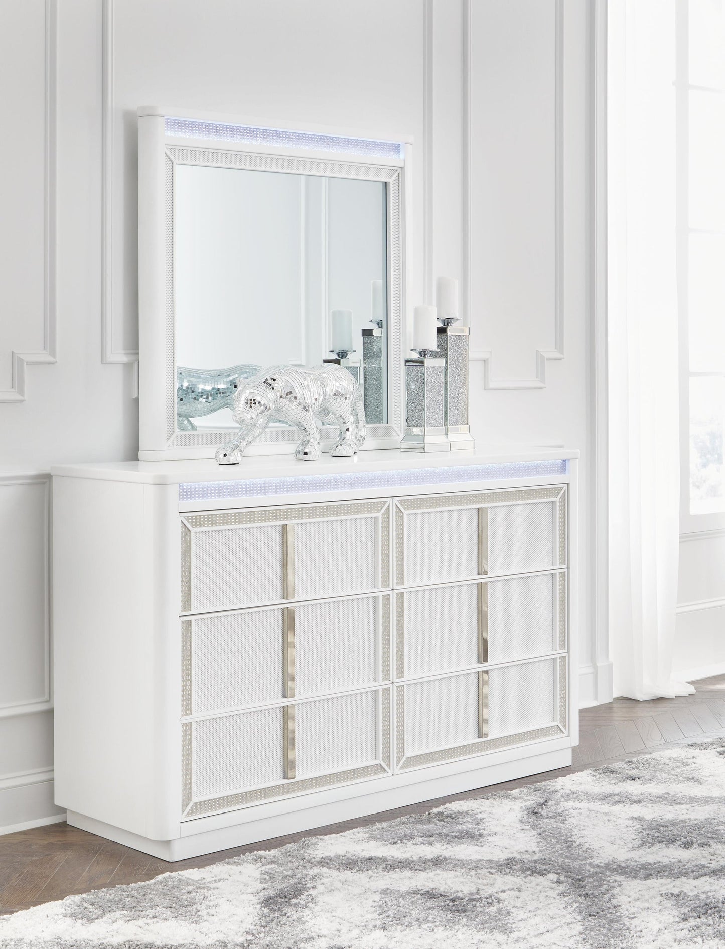 Chalanna King Upholstered Storage Bed, Dresser, Mirror, Chest and Nightstand