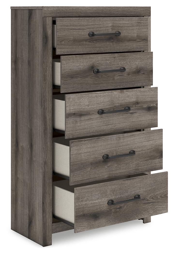Graystorm King Panel Bed, Dresser, Mirror, Chest and Nightstand